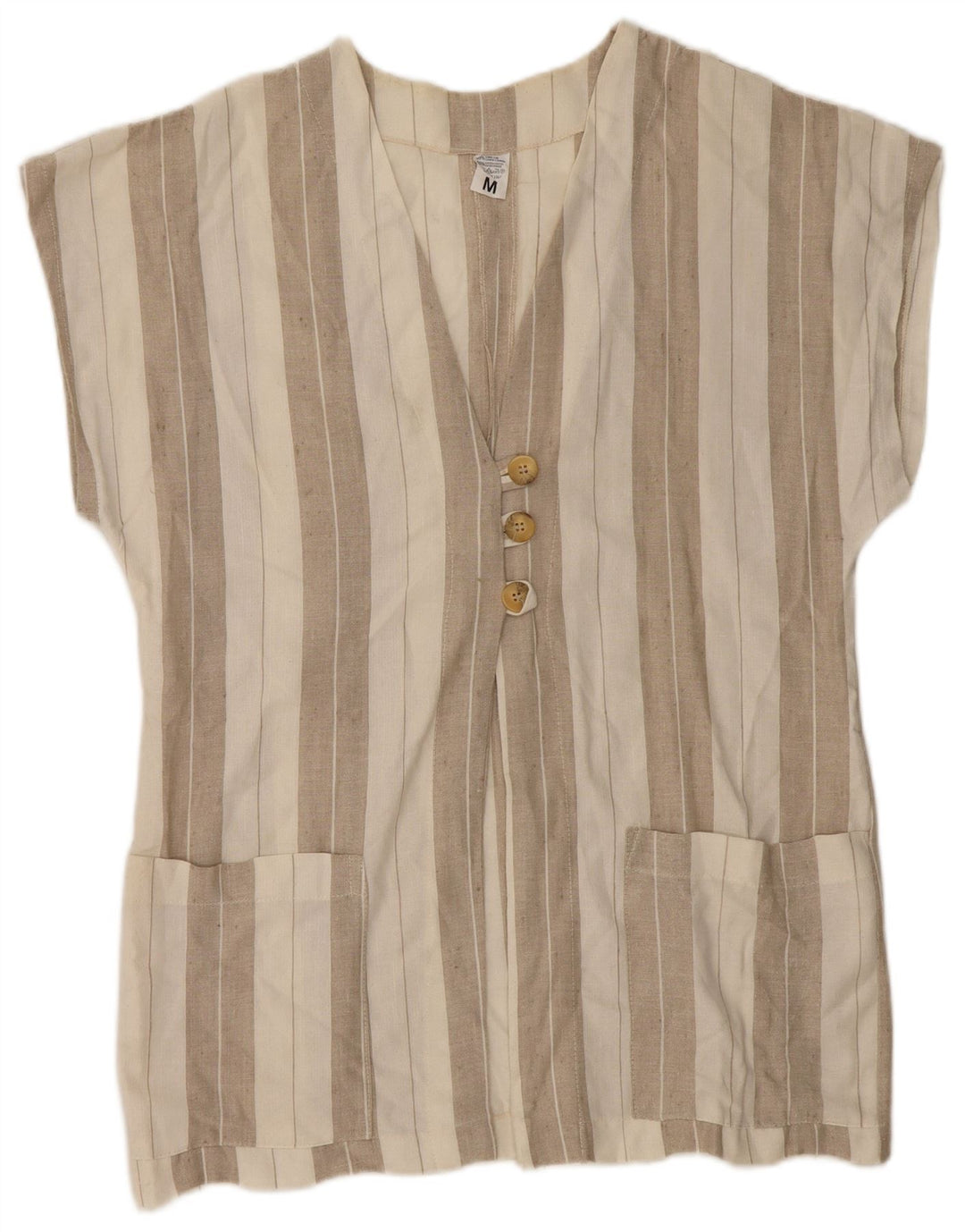 Blusa feminina vintage de manga curta UK 14 linho listrado bege médio