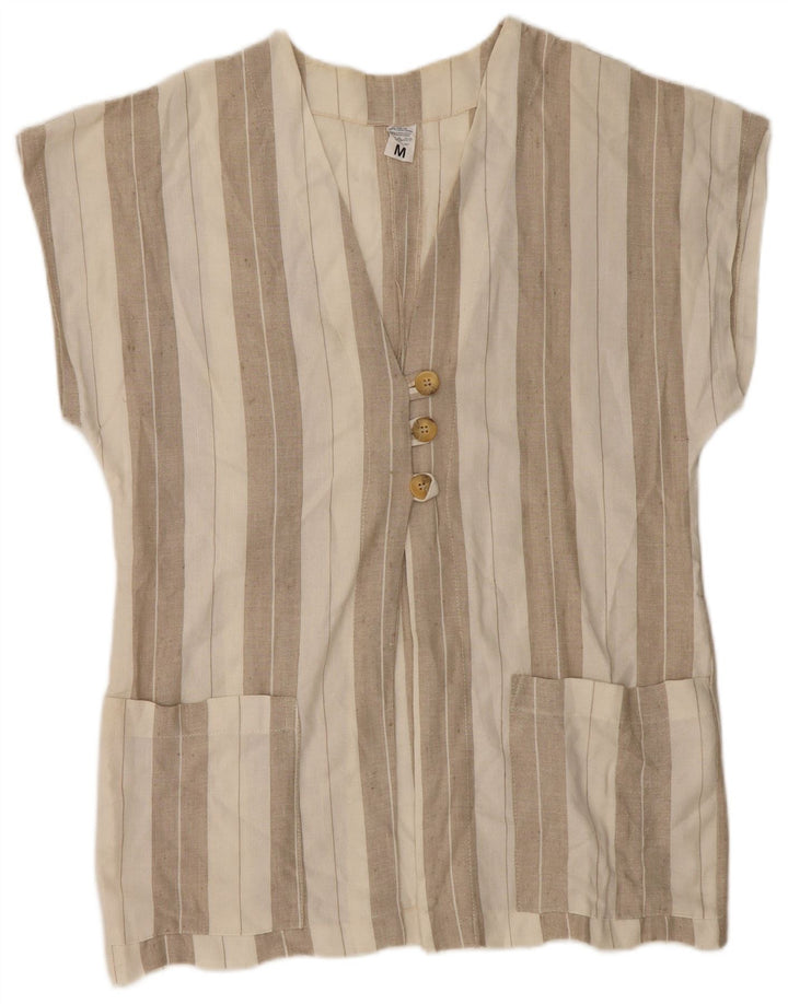 Blusa feminina vintage de manga curta UK 14 linho listrado bege médio