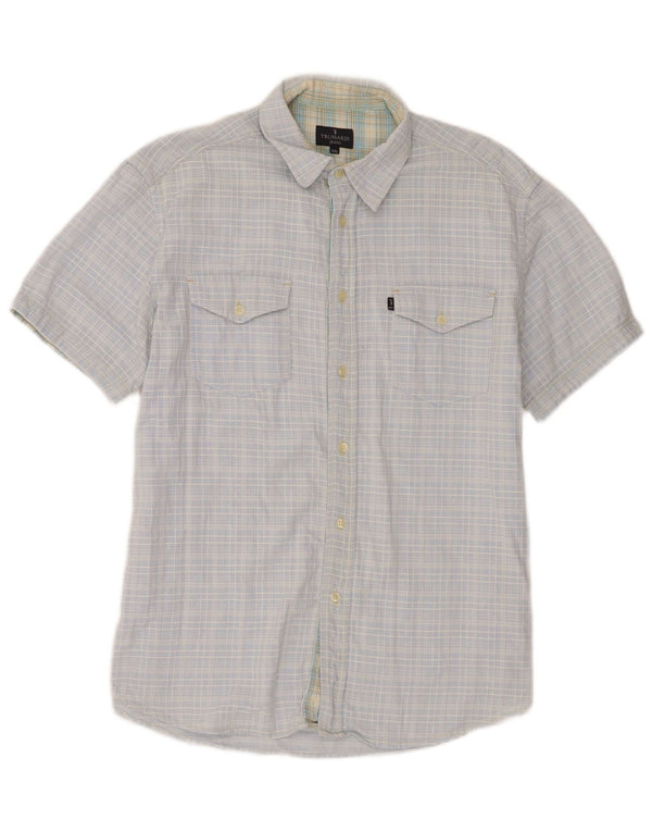 Trussardi Camisa masculina manga curta 15-16 anos 2XL algodão xadrez azul