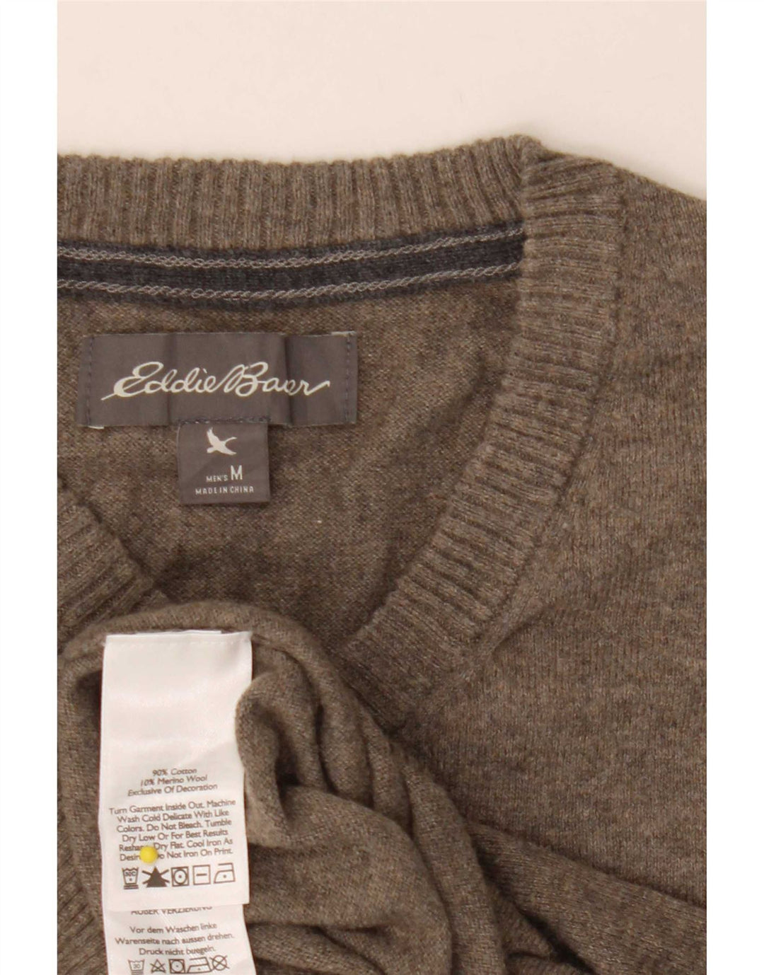Suéter masculino Eddie Bauer com decote em V, algodão cáqui médio