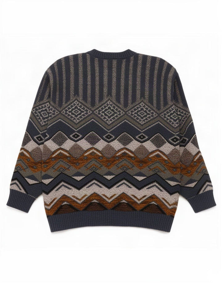Suéter vintage masculino com gola redonda, azul médio geométrico