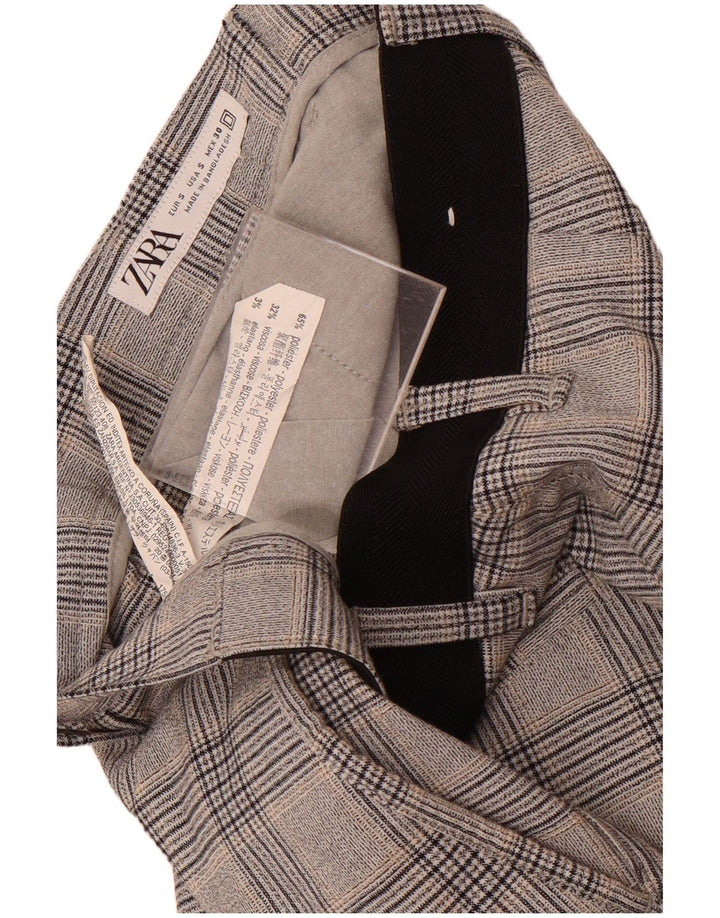 Zara Calça feminina reta de terno pequeno W30 L29 cinza xadrez poliéster