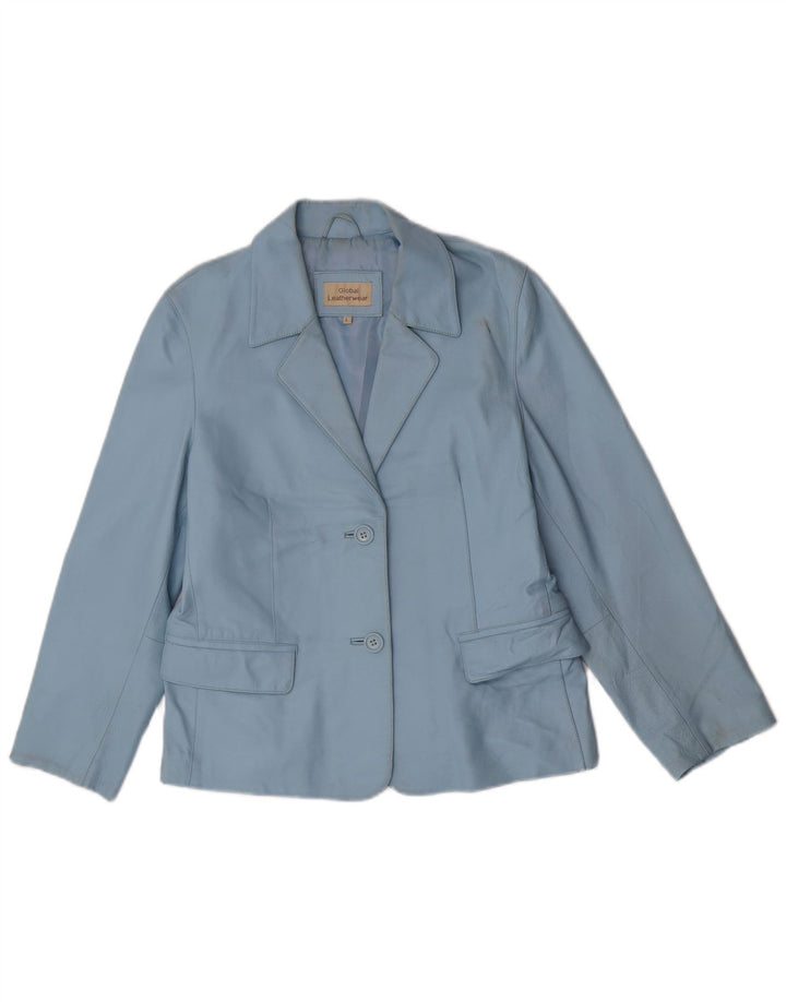 Jaqueta blazer de couro vintage feminina com 2 botões Reino Unido 16 couro azul grande