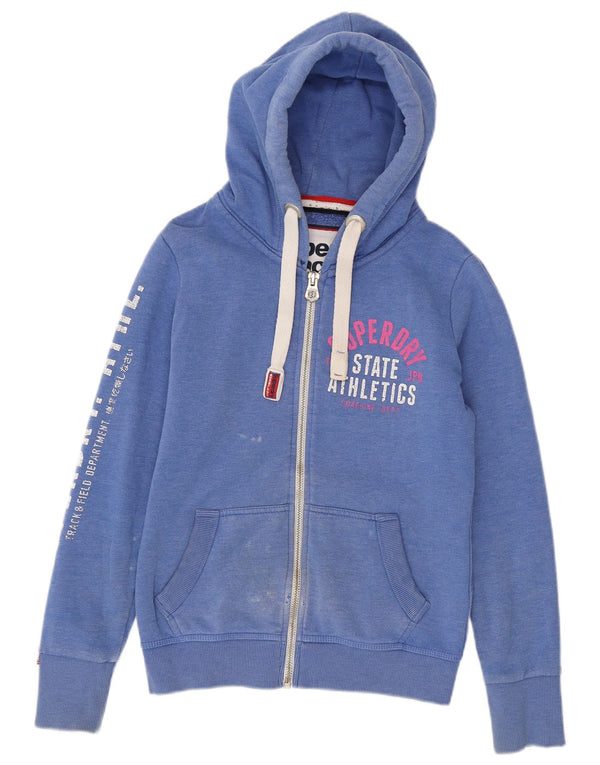 Suéter feminino Superdry com capuz e zíper gráfico UK 10 algodão azul pequeno