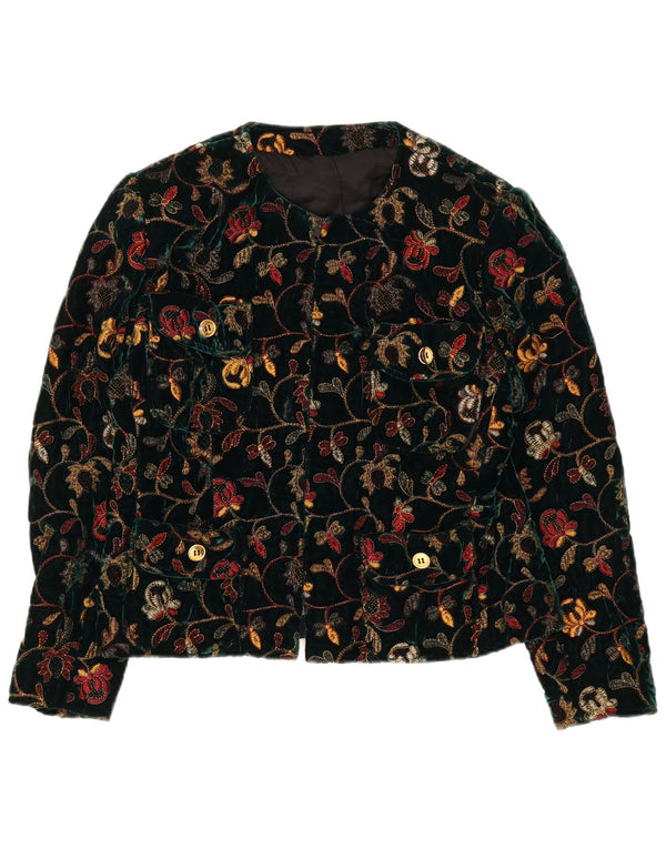 Jaqueta blazer feminina vintage de veludo com zíper completo Reino Unido 14 grande verde floral