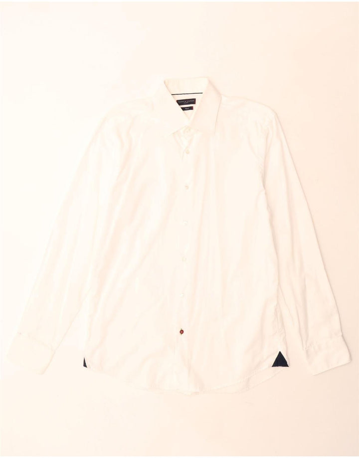 Tommy Hilfiger Camisa masculina sob medida de algodão branco médio