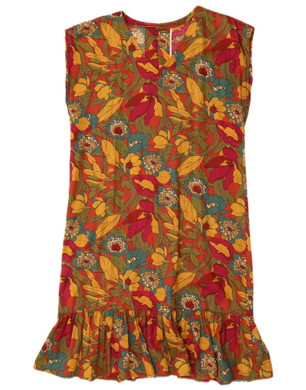 Vestido feminino vintage sem mangas UK 14 grande floral multicolorido