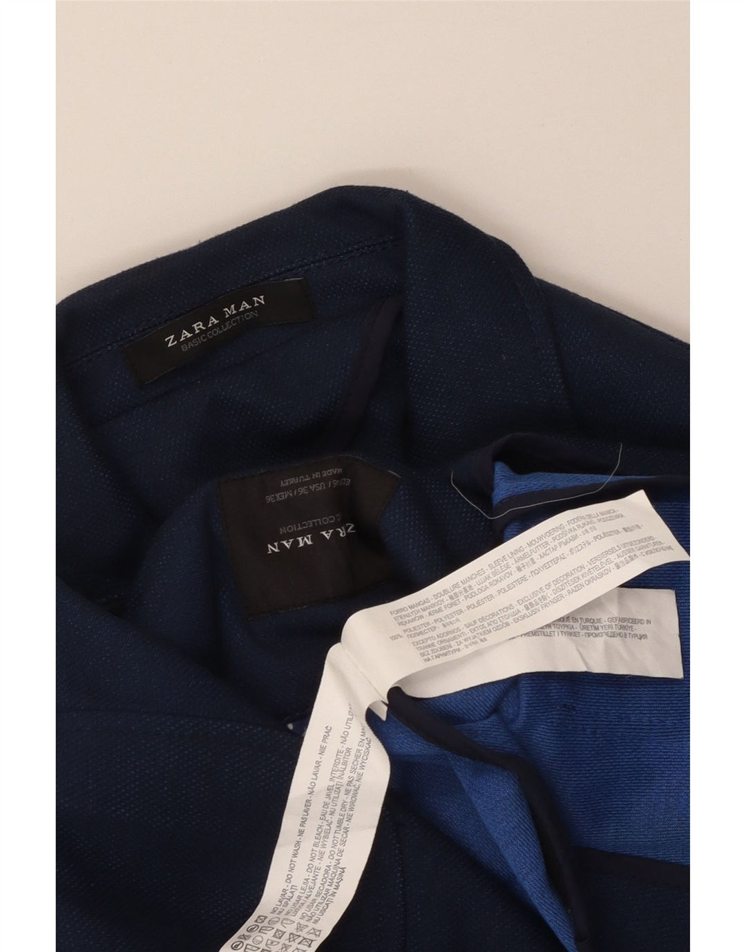 Jaqueta blazer masculina Zara com 2 botões UE 46 pequena azul marinho poliéster