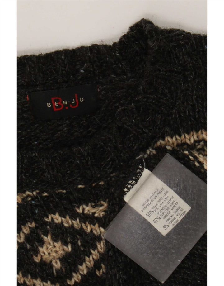 Suéter vintage masculino com gola redonda, grande lã Fair Isle cinza