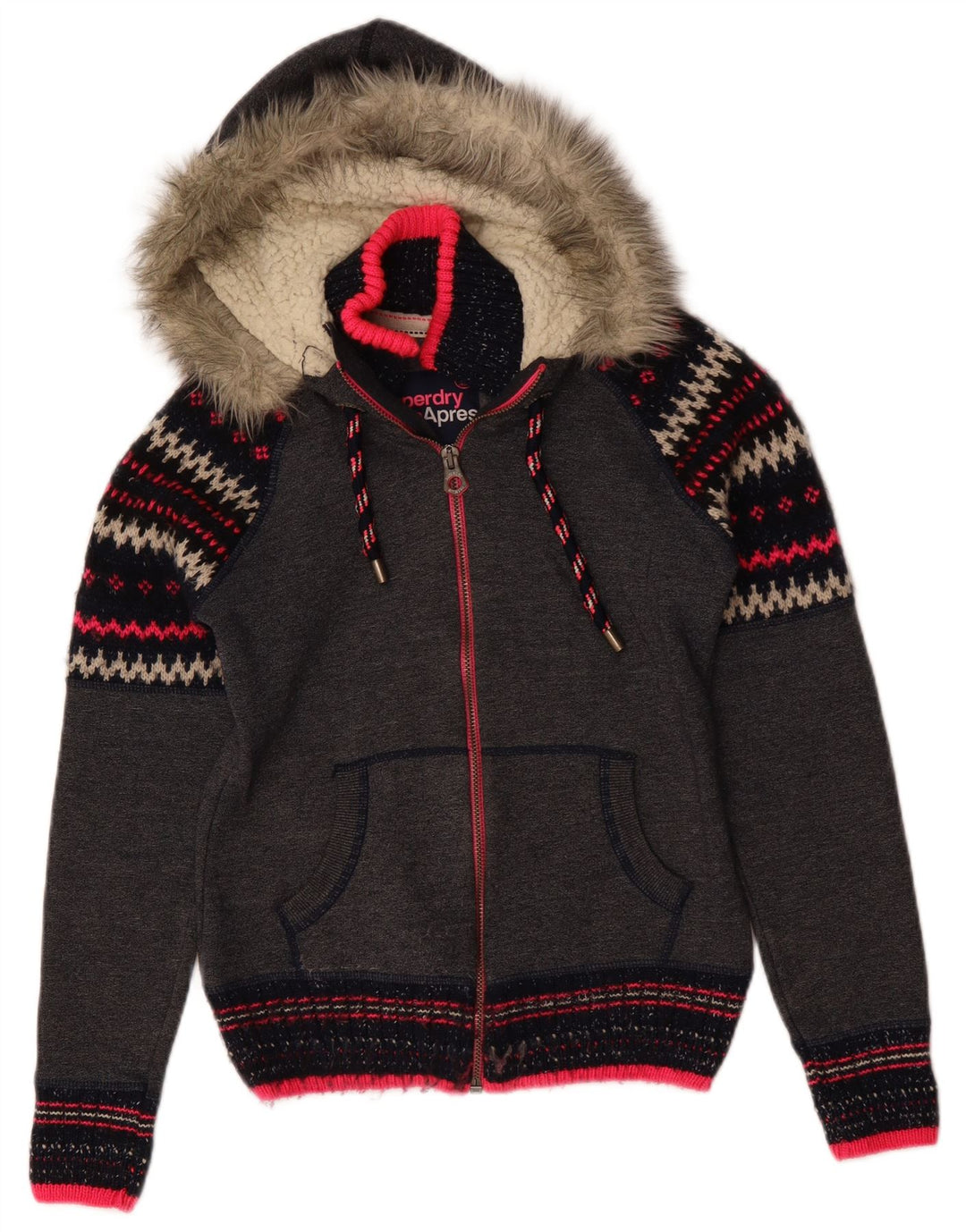 Suéter feminino Superdry com capuz e zíper Reino Unido 10 pequeno poliéster cinza Chevron