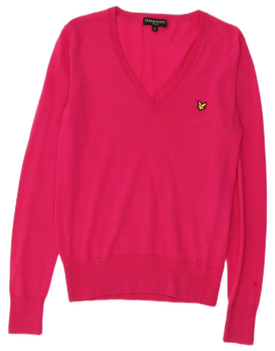 Suéter feminino Lyle & Scott com decote em V, Reino Unido, 10 lã merino rosa pequena