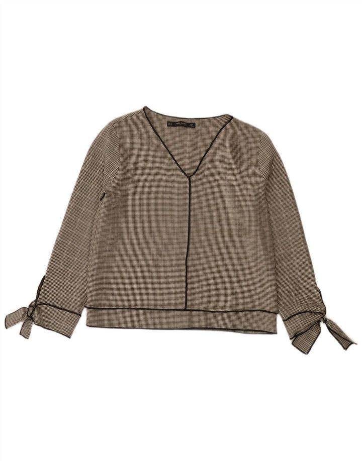 Blusa feminina de manga comprida Zara Top UK 10 pequeno cinza houndstooth