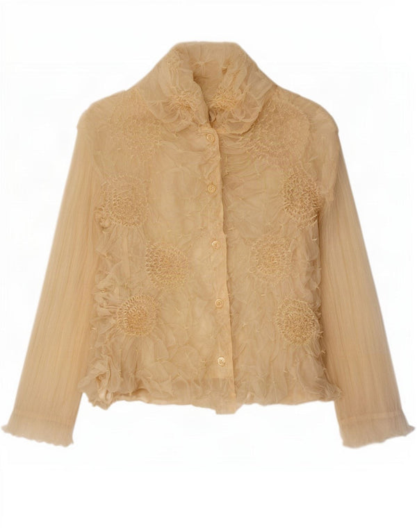 Blusa feminina vintage UK 14 grande poliéster floral bege