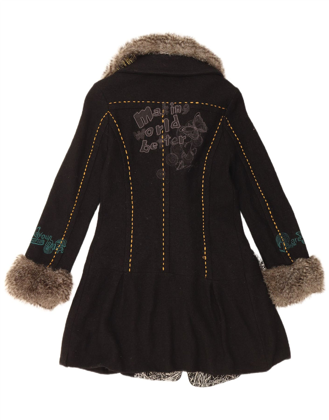 Desigual Casaco feminino gráfico duplo breasted UE 36 pequeno preto floral lã