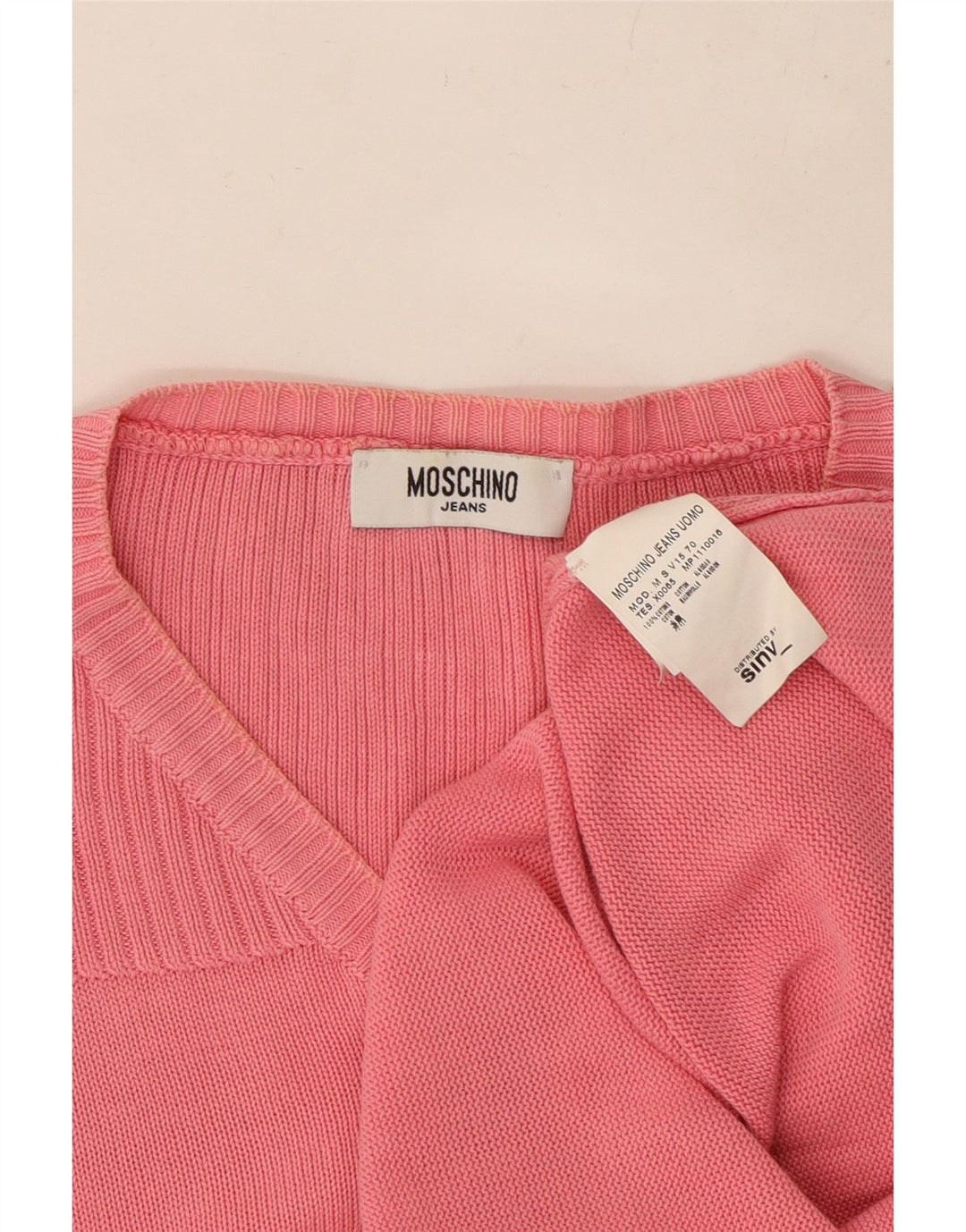 Suéter masculino MOSCHINO com decote em V pequeno algodão rosa