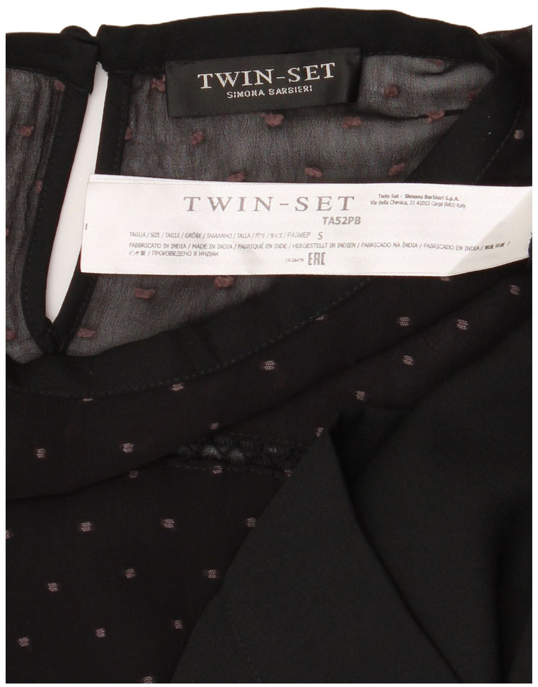 Simona Barbieri Blusa feminina Twin Set Top Reino Unido 10 pequena preta manchada