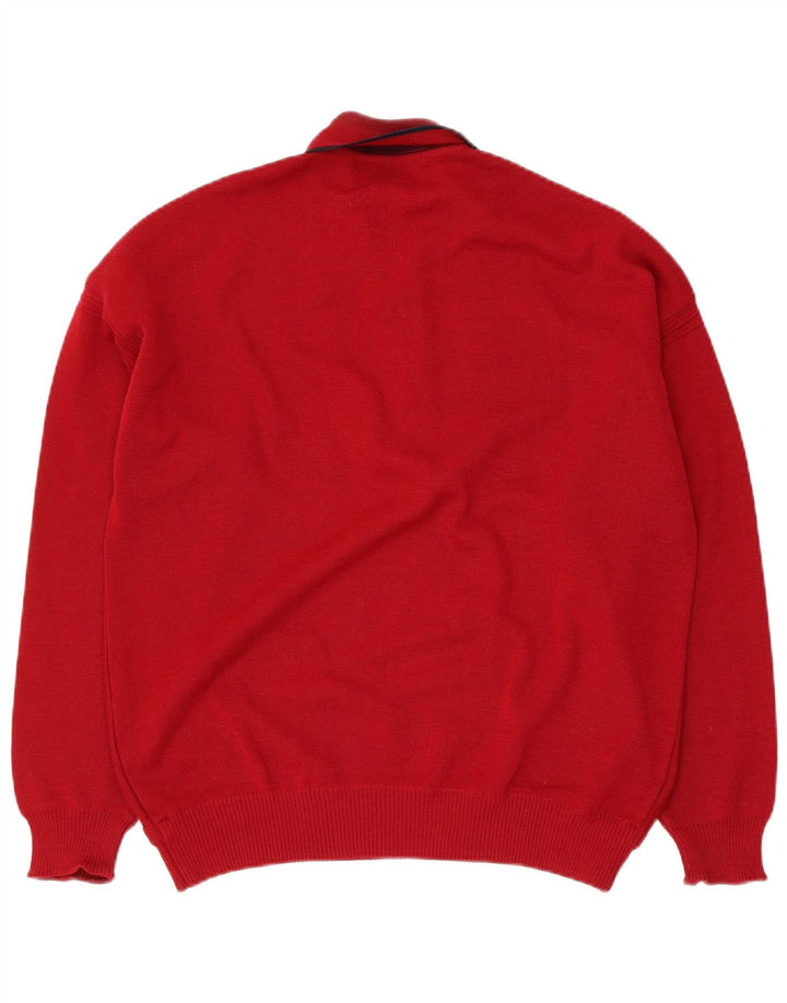 Suéter vintage masculino com gola polo e meio vermelho geométrico