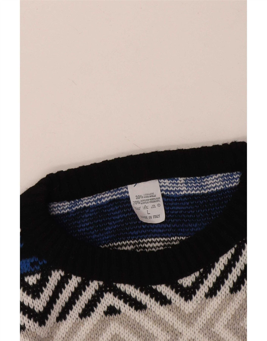 Suéter vintage masculino com gola redonda, grande lã geométrica multicolorida