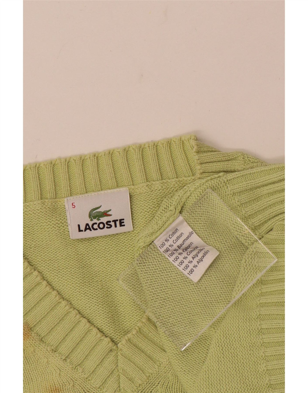 Suéter masculino LACOSTE com decote em V tamanho 5 grande algodão verde