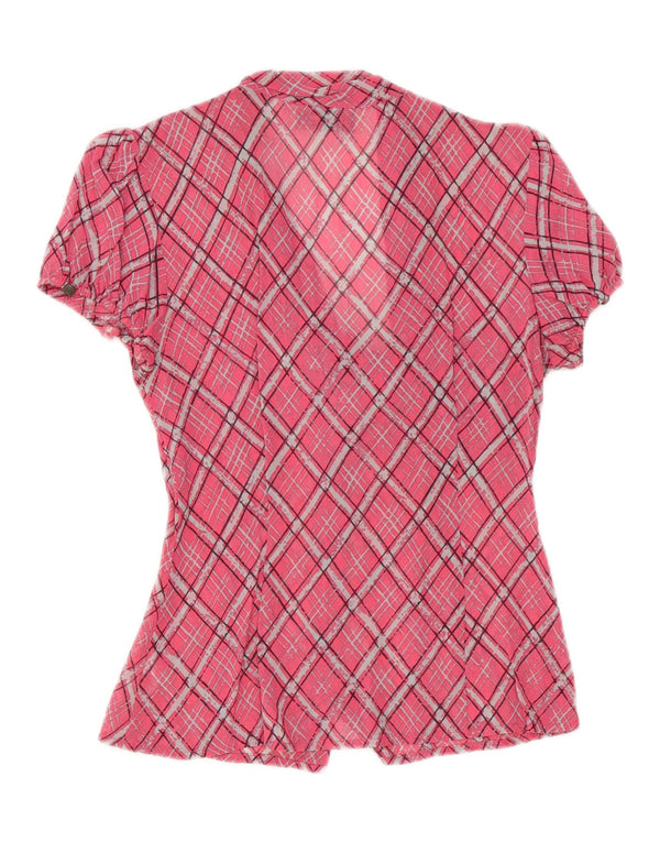 Blusa feminina Guess com gravata frontal e manga curta Reino Unido 10 pequena xadrez rosa