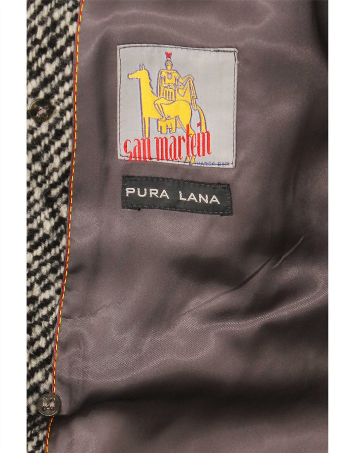 Casaco masculino vintage com peito duplo Reino Unido 38 lã virgem listrada cinza médio