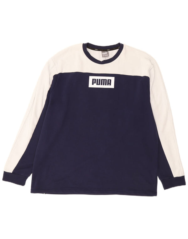 Puma Mens Graphic Top Manga Longa XL Azul Marinho Colorblock Algodão