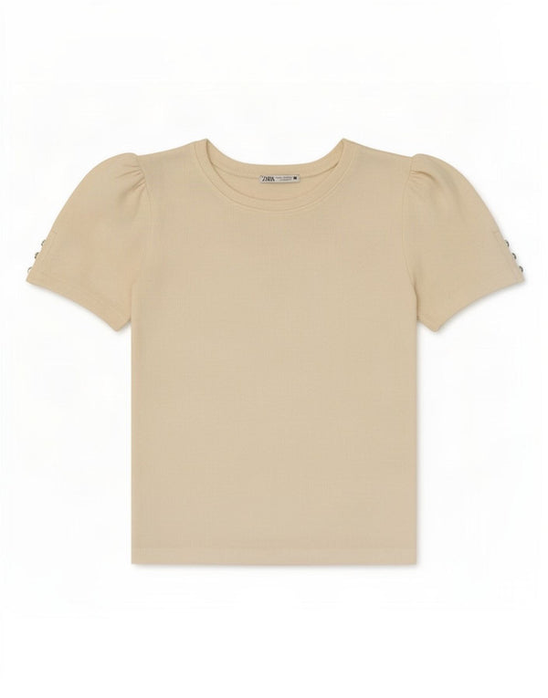 Camiseta feminina Zara Top UK 10 pequena viscose bege