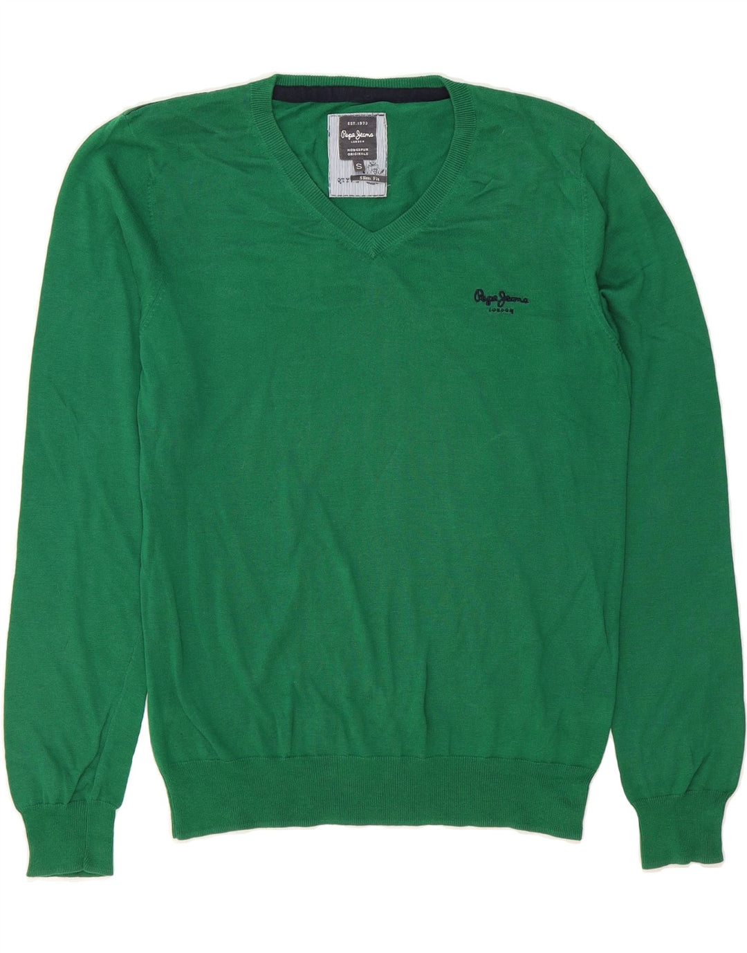 PEPE JEANS Mens Slim Fit V-Neck Jumper Sweater Small Green Cotton Vintage PEPE Jeans and Second-Hand PEPE Jeans from Messina Hembry 