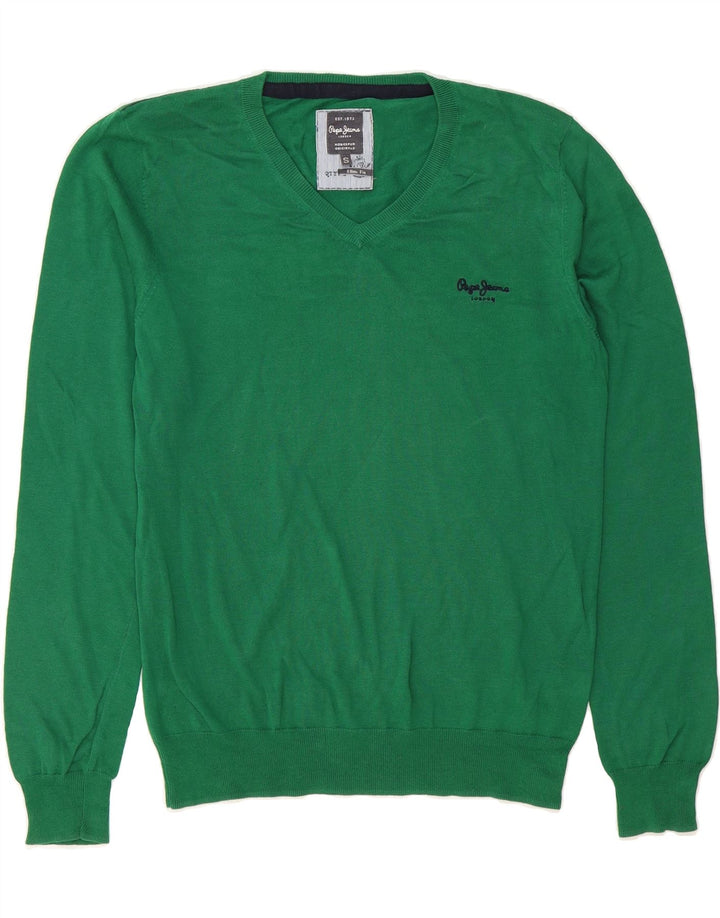 PEPE JEANS Mens Slim Fit V-Neck Jumper Sweater Small Green Cotton Vintage PEPE Jeans and Second-Hand PEPE Jeans from Messina Hembry 