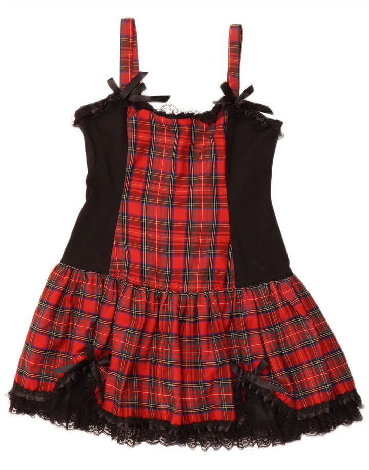 Vestido feminino VINTAGE sem mangas em linha A Reino Unido 16 grande algodão xadrez vermelho