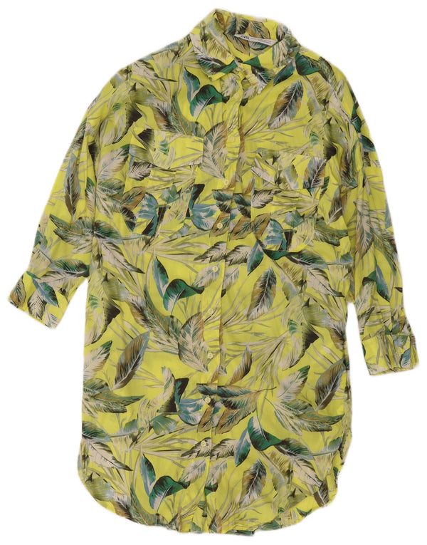 Zara Womens 3/4 Sleeve Loose Fit Shirt Dress UK 6 XS Yellow Floral Cotton