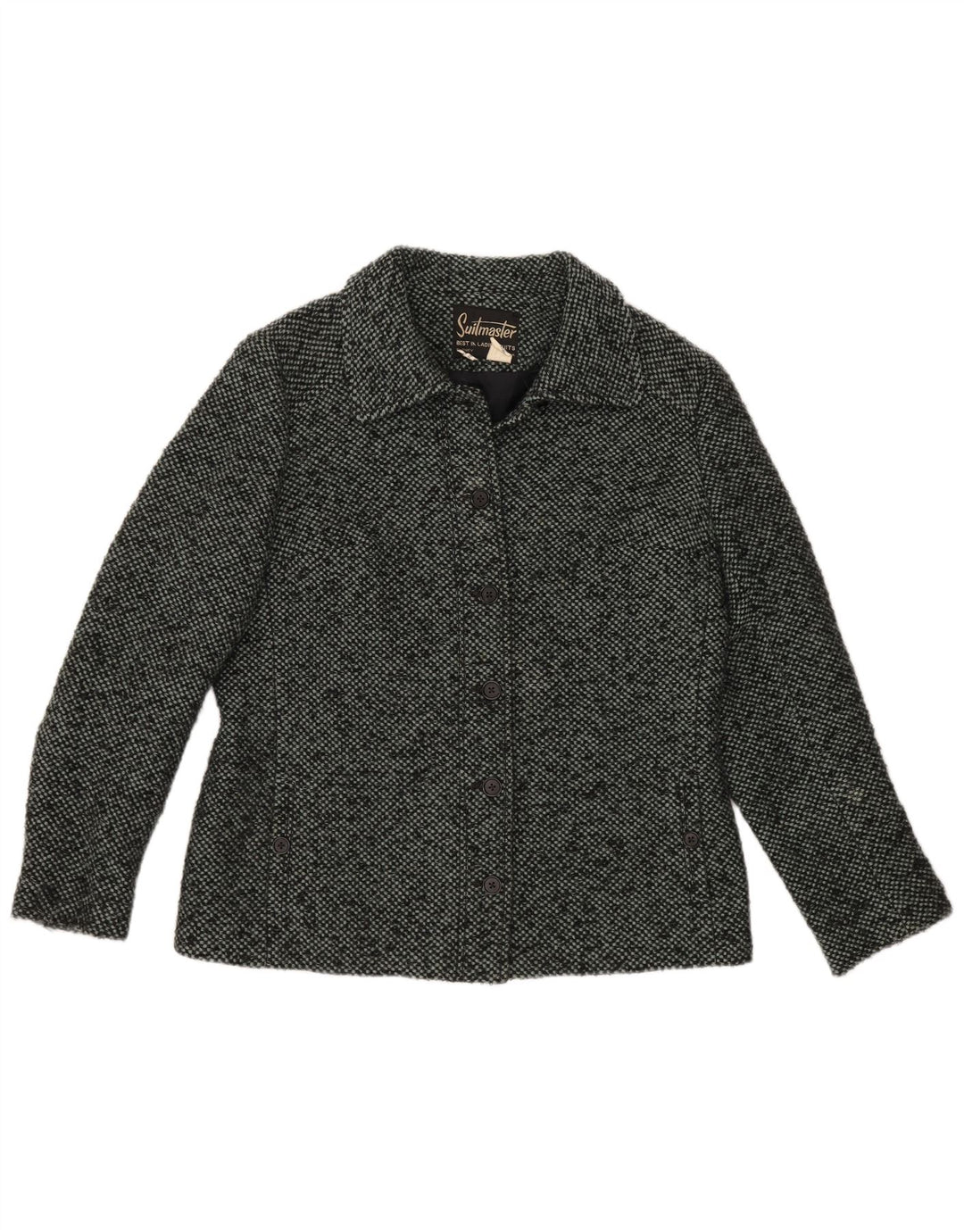 Jaqueta blazer feminina VINTAGE com 6 botões Reino Unido 16 grande lã manchada cinza