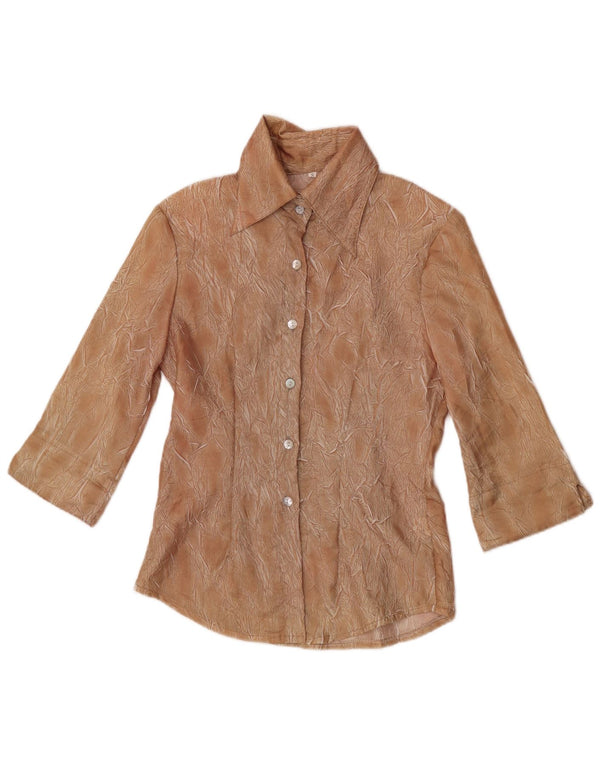 Blusa feminina vintage com estampa abstrata manga 3/4 Reino Unido 10 pequena marrom