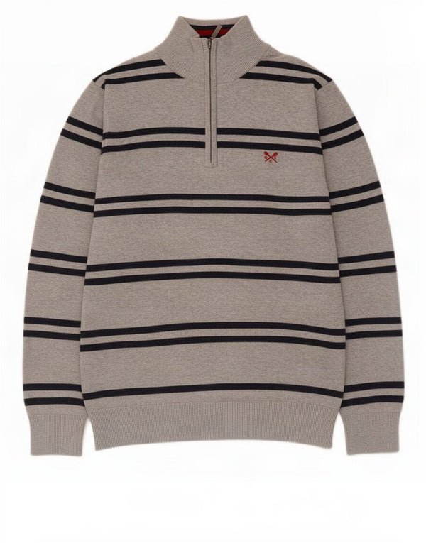 Crew Clothing Mens Suéter Jumper com Pescoço Zip Pequeno Algodão Listrado Cinza