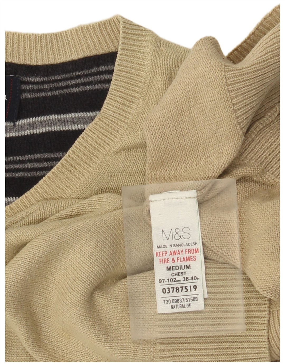 Suéter masculino Marks & Spencer Blue Harbor com decote em V, algodão bege médio