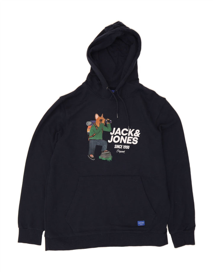 JACK & JONES Mens Graphic Hoodie Jumper 2XL Navy Blue Cotton Vintage Jack & Jones and Second-Hand Jack & Jones from Messina Hembry 
