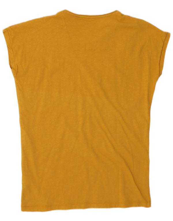 Camiseta feminina com estampa de peixe estranho UK 10 algodão amarelo pequeno
