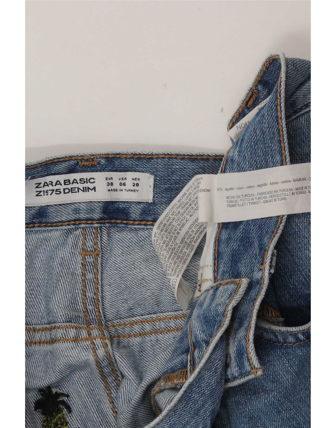 Zara Shorts jeans feminino com padrão abstrato UE 38 pequeno W28 algodão azul
