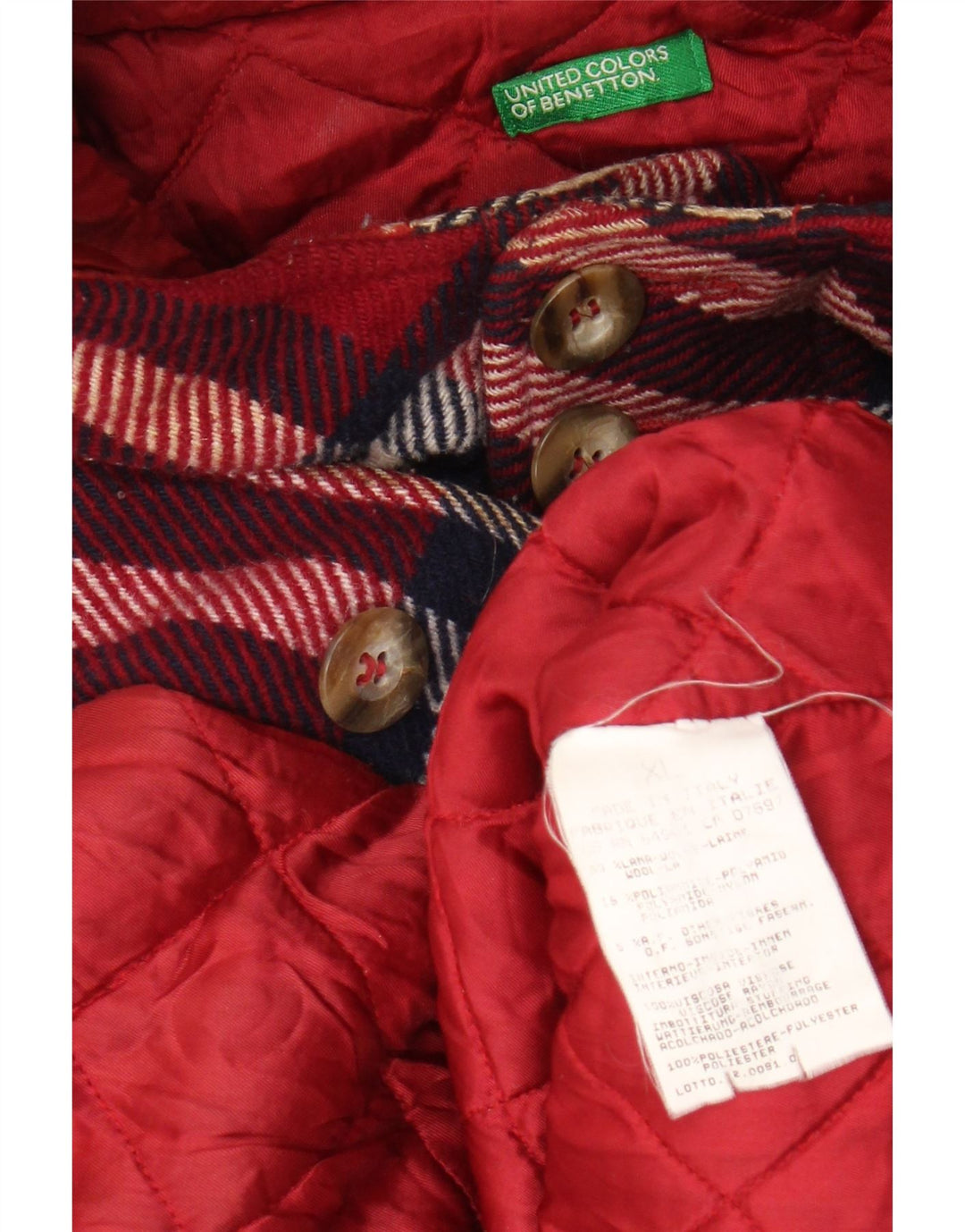Sobretudo feminino com capuz BENETTON UK 18 XL lã xadrez vermelha