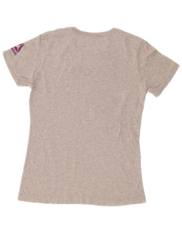 Camiseta feminina reebok gráfica top uk 12 algodão manchado cinza médio