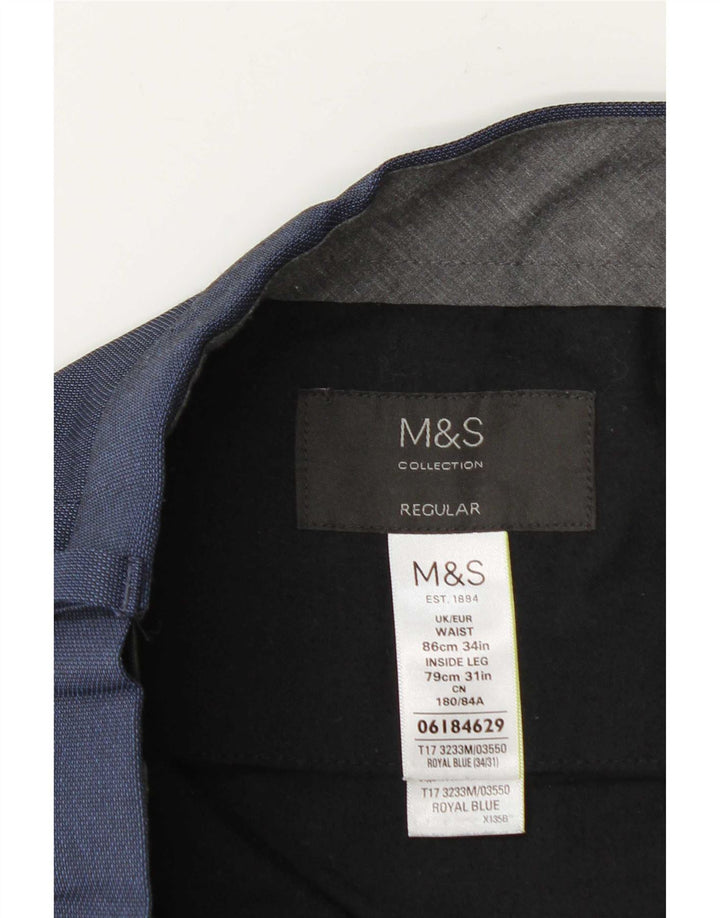 Calça masculina de ajuste regular Marks & Spencer W34 L31 azul marinho poliéster