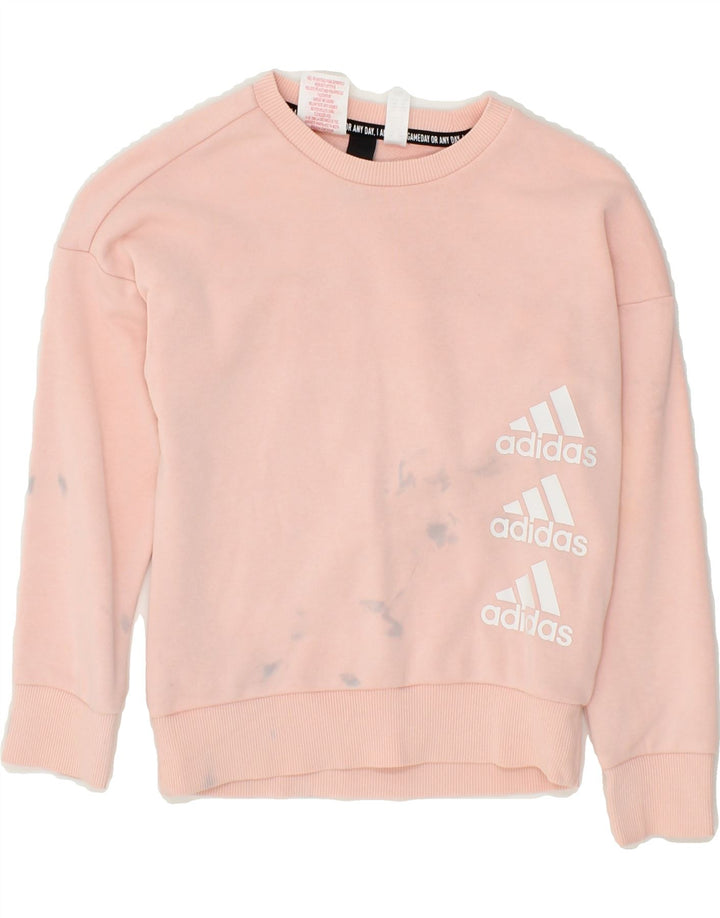 ADIDAS Girls Graphic Sweatshirt Jumper 7-8 Years Pink Cotton Vintage Adidas and Second-Hand Adidas from Messina Hembry 