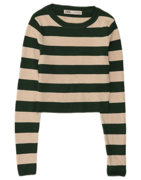 Zara Top curto feminino manga comprida Reino Unido 8 viscose listrada verde pequena