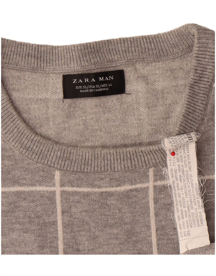 Zara Suéter masculino com gola redonda XL cinza xadrez nylon