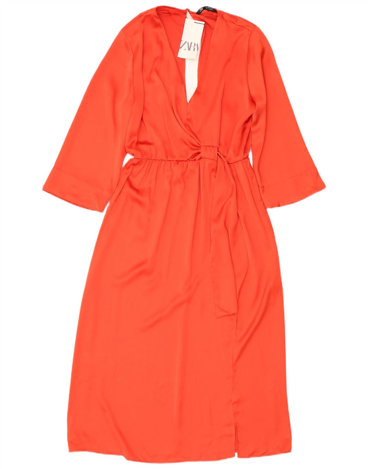 Vestido maxi feminino ZARA manga 3/4 Reino Unido 16 grande laranja poliéster