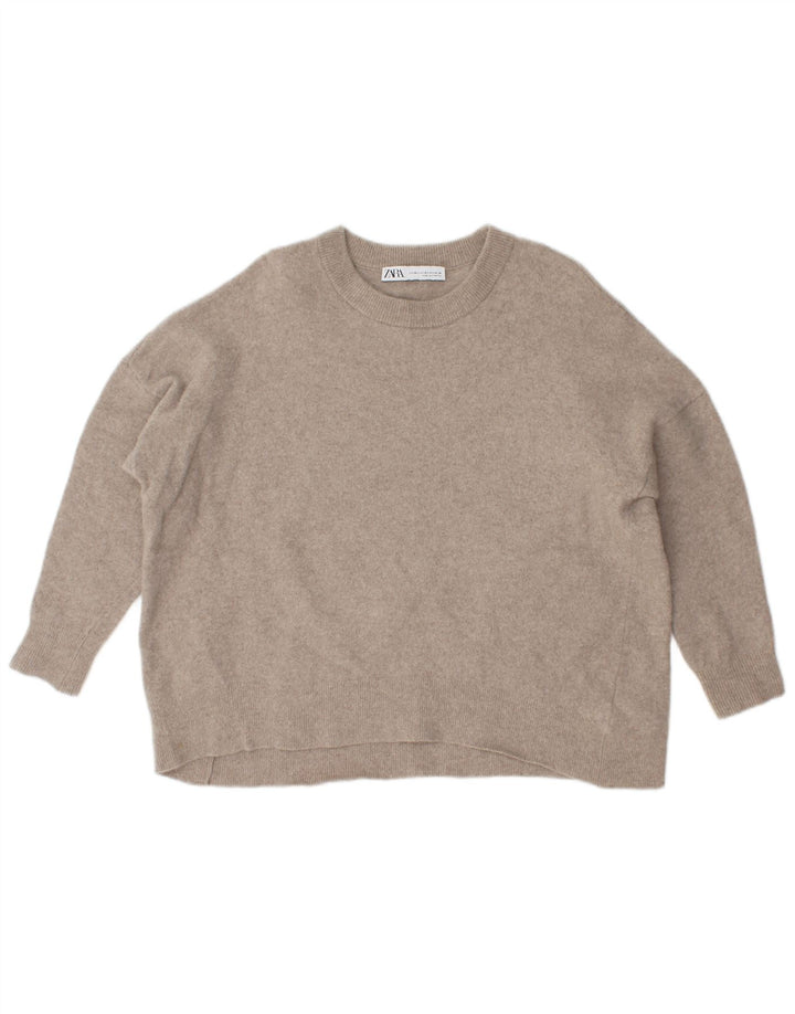 Zara Suéter feminino oversized com gola redonda Reino Unido 12 lã bege médio