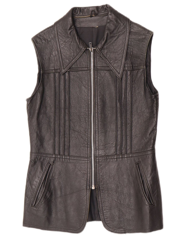 Colete de couro feminino vintage UK 10 pequeno couro preto