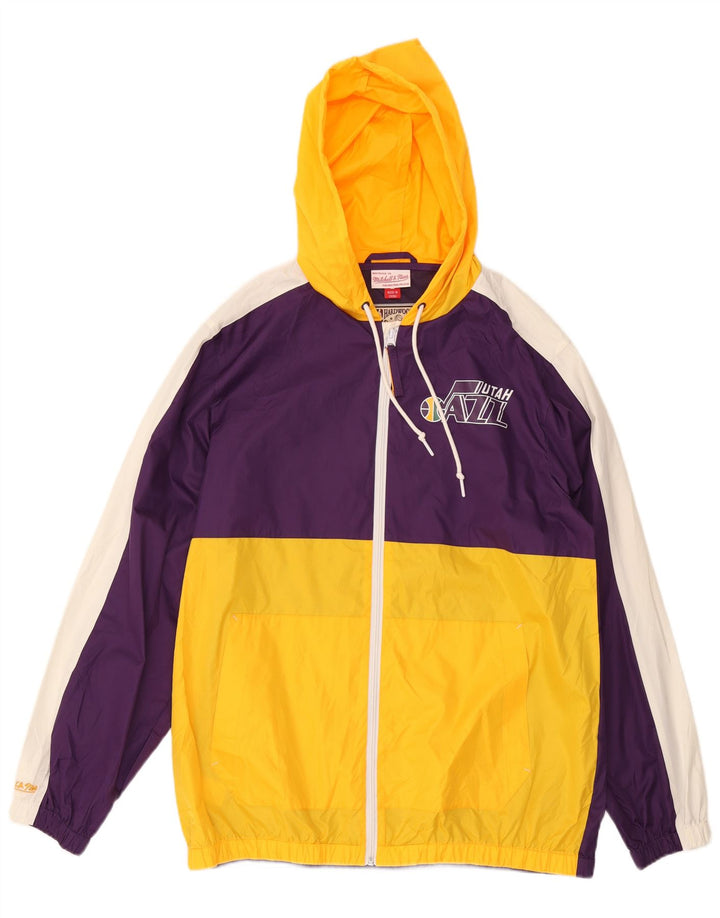 Jaqueta de chuva masculina Mitchell & Ness Graphic UK 40 grande bloco colorido roxo
