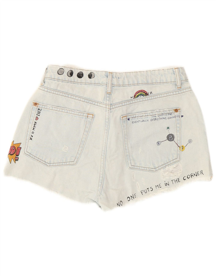 Shorts jeans feminino pull & Bear com estampa gráfica desgastada UE 36 XS W26 azul