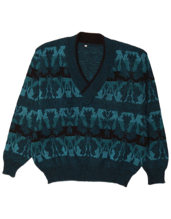 Suéter masculino vintage com decote em V IT 50 Médio Azul Fair Isle